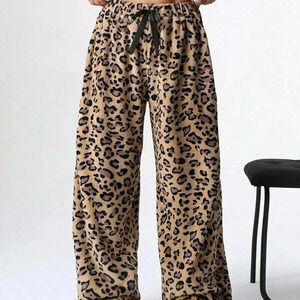 Multicolor Casual Women's Tie-Waist Fluffy Leopard Print Wide Leg Baggy Pants